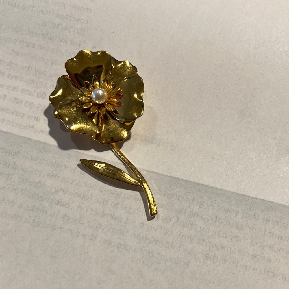 Gold Floral Brooch with Pearl Accent